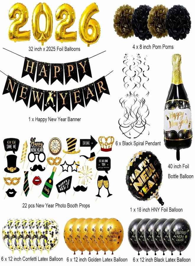 WEIKA Happy New Year Party Decoration 2026 - New Years Eve Party Supplies 2026 Foil Balloon, Happy New Year Banner, New Years Photo Props, Gold Black Bunting Swirl Streamers, Pom Poms New Years Décor - Image 3